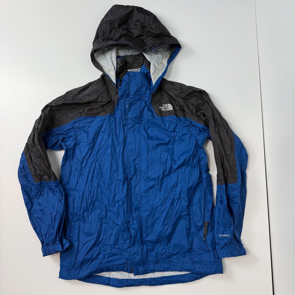 The North Face Kids HyVent Rain Jacket Blue Grey Hooded Waterproof Youth Large